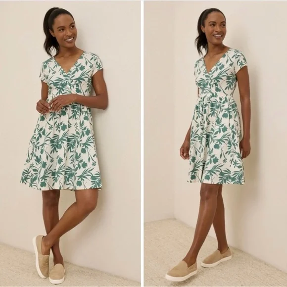 Pact NWOT Organic Cotton Fit & Flare Crossover Tropical Palm Summer Dress Small - Picture 2 of 16